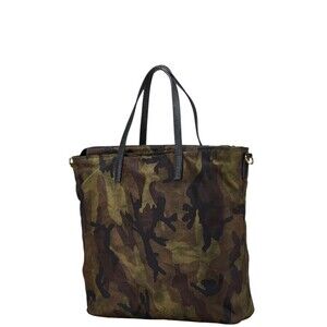 Prada bag camo triangular logo Khaki Green plaque tote nylon black leather